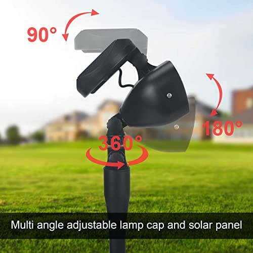 Multi-angle adjustable solar lamp cap with 90, 180, and 360 degree rotation.