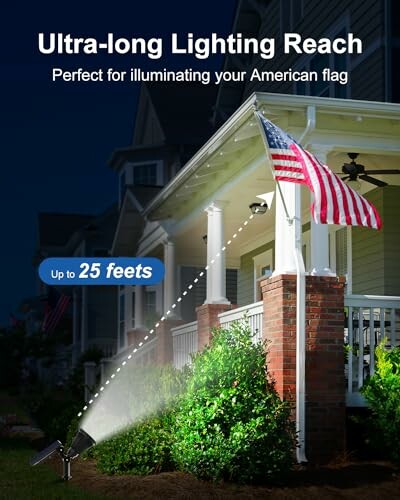 Outdoor spotlight illuminating American flag on porch