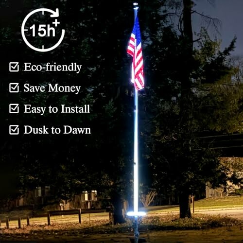 Solar-powered flagpole light illuminating a flag at night with eco-friendly features listed.