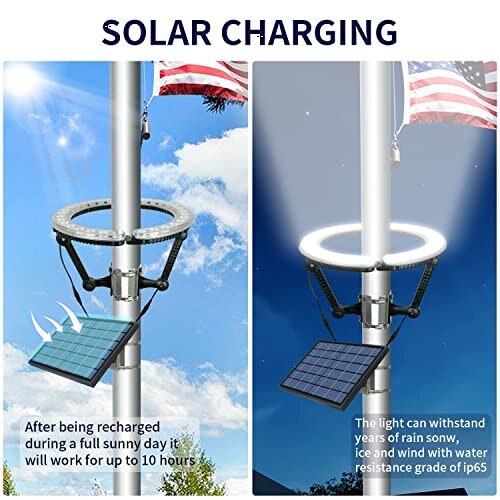 Solar flagpole light with solar panel and LED ring, showing day and night operation.