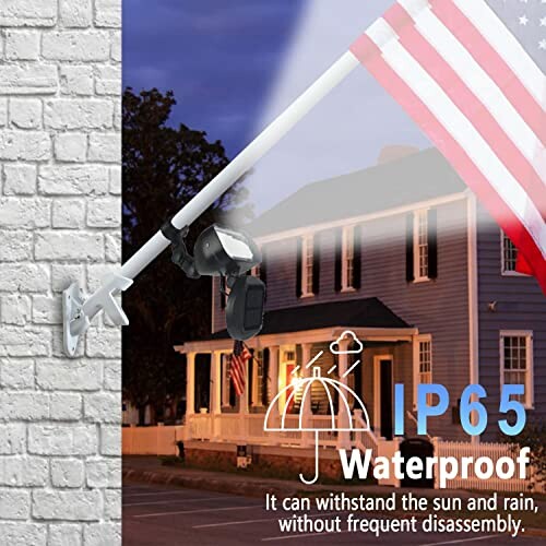 Solar flagpole light on a brick wall with IP65 waterproof rating.