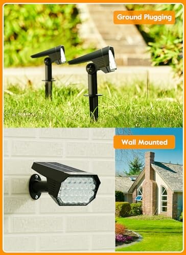 Solar lights installed in ground and wall-mounted options.