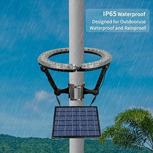 Outdoor solar-powered LED pole light with IP65 waterproof design in rain.